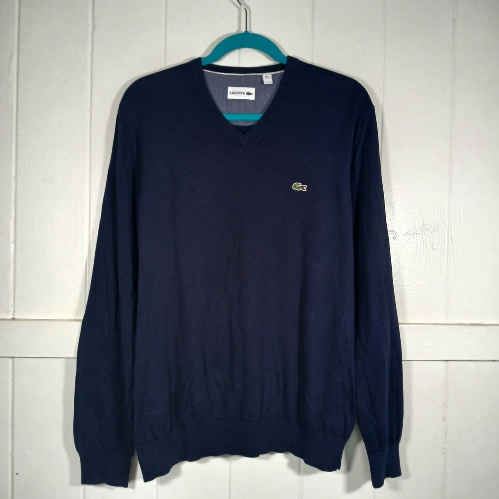 Lacoste V-Neck Sweater Mens XL Navy Blue Cotton AH0347 Lightweight Knit